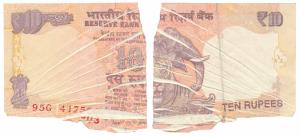 Rupees 10, signed D. Subbarao, Error, miss-print due to crumpled paper, splitting the seri