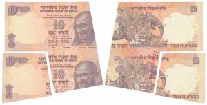 Rupees 10, signed D. Subbarao, Error, two parts, a pair of consecutive miss-cut notes, the