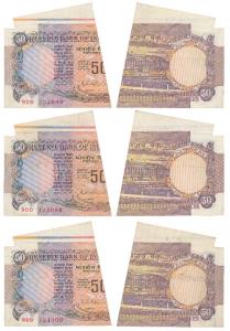 Rupees 50, signed R. N. Malhotra, Error, extra paper at top, note miss-cut with substantia