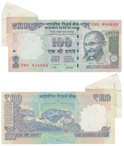 Rupees 100, D. Subbarao, Error, margin with substantial extra paper in top left corner. Ab