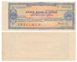 State Bank of India, Travellers Cheque, Specimen, Rupees 100, Calcutta. Extremely Fine.