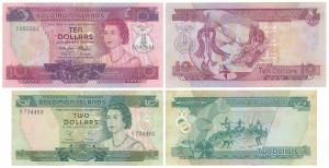Solomon Islands, 2 & 10 Dollars. Slightly stained, Very Fine. (2)