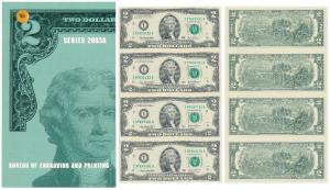 United States of America, Uncut Dollar Sheet, $2 with the portrait of Thomas Jefferson, ea