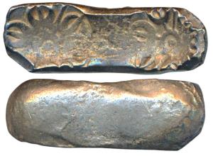 Archaic Punch Marked Coinage, attributed to Gandhara Janapada, Bent Bar, Silver 5 Shana, 1