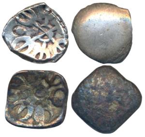 Archaic Punch Marked Coinage, attributed to Gandhara Janapada, Silver Shana (2), 1.39g & 2