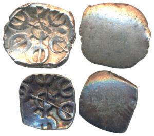 Archaic Punch Marked Coinage, attributed to Gandhara Janapada, Silver Shana (2), 1.25g, & 