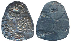 Archaic Punch Marked Coinage, attributed to Ashmaka Janapada, Godavari valley, Silver ½ Ka
