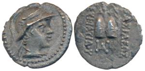 Indo-Greek, Eucratides (c. 170-145 BC), Silver Obol, 0.52g, obv. helmeted bust of the king
