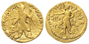 Kushanas, Kanishka (c. 130-158 AD), Gold ¼ Dinar, 1.95g, obv. caped and crowned king stand