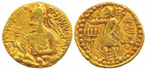Kushanas, Huvishka (155-189 AD), Gold Dinar, 7.79g, Gandhara, obv. crowned half-length bus