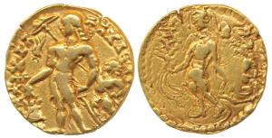 Guptas, Chandragupta II, Gold Dinar, 7.7g, ‘Chhatra’ type, obv. an attendant behind holdin