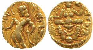 Guptas, Kumaragupta I (c. 414-455 AD), Gold Dinar, 7.71g, ‘Archer’ type, inverted bow, obv