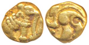 Western Gangas, Gold Gajapati Fanam, 0.37g, obv. caparisoned elephant to right, rev. a dif