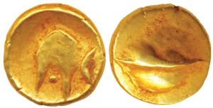 Anonymous, Hudki Gold Pagoda, 3.36g, a boat like uncertain symbol on obv., possibly the Go
