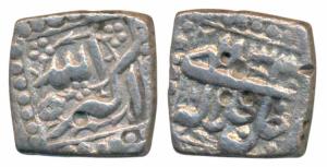 Akbar, Silver Square ½ Rupee, 5.35g, Mintless and Monthless type, Ilahi type, Year 33 (KM 