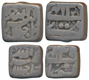 Akbar, Silver Square Rupee & ½, 10.78g & 5.18g, both Mintless type, Ilahi type, Month Di, 