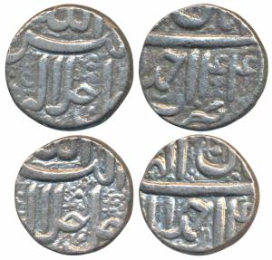 Akbar, Silver ½ Rupee (2), 5.6g & 5.2g, Ahmedabad Mint, Ilahi type, Aban, Year 44; Aban, Y