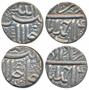Akbar, Silver ½ Rupee (2), 5.61g & 5.72g, Ahmedabad Mint, Ilahi type, Month Mihir, Year 4X