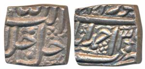 Akbar, Silver Square ½ Rupee, 5.72g, Ahmedabad Mint, Ilahi type, Month Khurdad, Year 3X (K