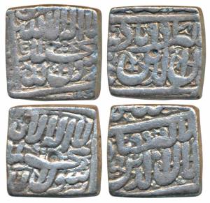 Akbar, Silver Square Rupee (2), 10.91g and 11.04g, mint name off flan, stylization that of