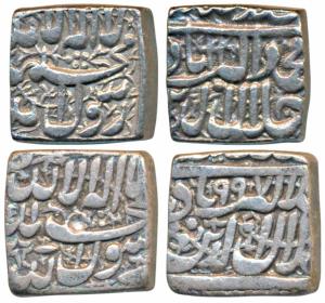 Akbar, Silver Square Rupee (2), 10.94g and 11.21g, mint name off flan, stylization that of