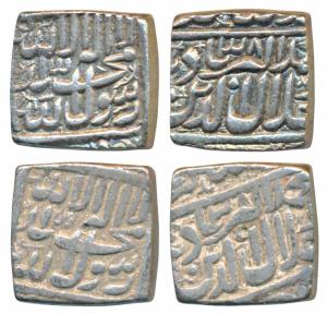 Akbar, Silver Square Rupee (2), 11.35g and 11.39g, mint name off flan, style that of Ahmed