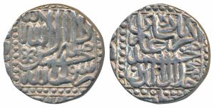 Akbar, Silver Rupee, 11.38g, Ahmedabad Mint, AH 982, Kalima within dotted square (KM 80.2)