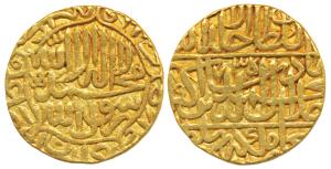 Akbar, Gold Mohur, 10.76g, Dar-ul- Khilafat Agra Mint, AH 973, Kalima type (KM 106.1). Bro