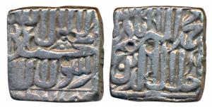 Akbar, Silver Square Rupee, 11.07g, Bang Mint, AH 991, Kalima type (KM A86.1). About Very 