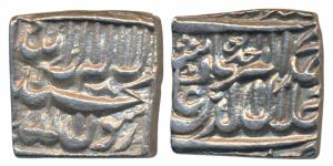 Akbar, Silver Square Rupee, 10.96g, Bangla Mint (mint name off flan), Kalima type, Alf Ahd