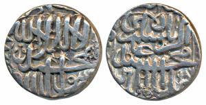 Akbar, Silver Rupee, 11.3g, Bang- Bhakkar Mint, Mint, obv. Kalima type with a ship mint ma