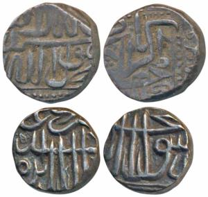 Akbar, Silver Mahmudi and ½ Mahmudi, 5.57g and 2.76g, Mulher Mint, Baglana issue, Kalima t