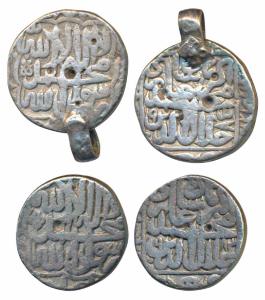 Akbar, Silver Rupee (2), mint name off flan, AH 985 & 983, Kalima within dotted square. On
