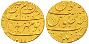 Aurangzeb, Gold Mohur, 10.99g, Ahmednagar Mint, AH 1100/32 (KM type 315.2). Extremely Fine