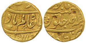 Shah Alam Bahdur, Gold Mohur, 10.85g, Itawa Mint, AH 1119/Ahd (KM 354.1). About Very Fine,