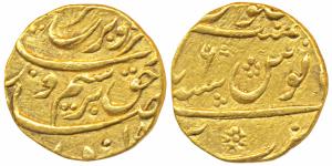 Farrukhsiyar, Gold Mohur, 10.94g, Bareli Mint, RY 6 (KM 390). Very Fine+.
