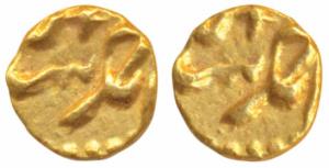 Ahmed Shah Bahdur, Gold ½ Fanam, 0.18g, Karpa Mint, Uniface (KM B450.1). Extremely Fine, S