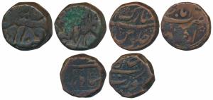 Copper Dam (3), Akbar, Dar al-Khilafat Agra Mint AH 989; Aurangzeb, Ahmedabad Mint; Muhamm