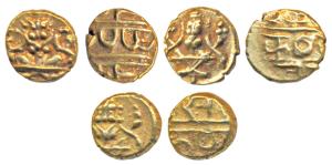 Krishna Raja Wodeyar, Gold Fanam (3), obv. Seated Narasimha, rev. Kanarese legend Kauthira