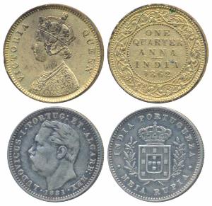Goa, Luiz I (Ludwig), Silver ½ Uma Rupia / Rupee, 1881 (KM 312); Victoria Queen, Copper ¼ 