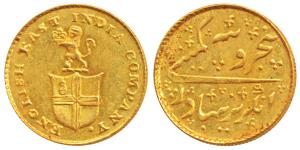 Gold Rupees 5 or 1/3 Mohur, 3.9g, company arms with a lion holding the crown on obv., No D