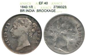 Victoria Queen, Silver Rupee, Brockage, 1840 divided legend, nice deep and complete lakhi 