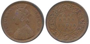 Victoria Queen, Copper ½ Anna, 1862, Calcutta Mint, slanting top to numeral 1 in date, (Pr
