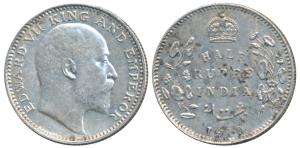 Edward VII, Silver ½ Rupee, 1910, Calcutta Mint (Prid 314). About Extremely Fine.