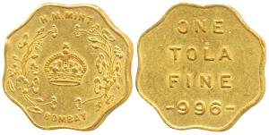 Bombay Mint, Token, Gold Tola, 11.68g, H M Mint, crown within wreath and Bombay below on o