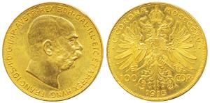 Austria, Gold 100 Corona, 33.87g, 1915, obv. bust of Franz Joseph I (KM 2819). Uncirculate