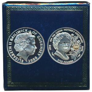 Bailiwick of Guernsey, Elizabeth II, Silver 5 Pounds, 38.6g, 2000, obv. bust of Queen Eliz