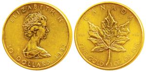 Canada, Gold $50, 1oz, 31.17g, Maple leaf on rev., 1982 (KM 125.2). Uncirculated, minor te