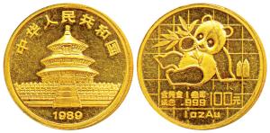 China, Gold 100 Yuan, 31.11g, 1989, Panda series, obv. Temple of Heaven, rev. Panda. (Y 24