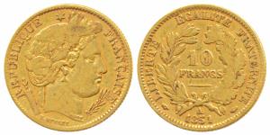 France, Second Republic, Gold 10 Francs, 3.2g, 1851 A, obv. laureate head, rev. rev. value